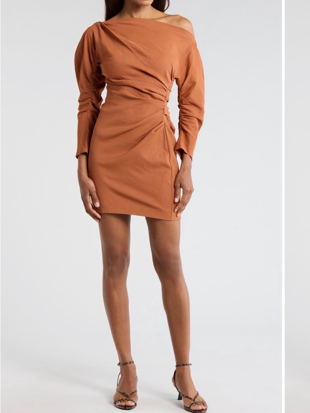 A.L.C. Sona One-Shoulder Ruched Mini Dress in Rust